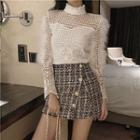 Long-sleeve Perforated Lace Top / Tweed Mini A-line Skirt
