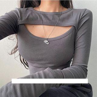 Long-sleeve Plain Cutout Mock Two-piece Top