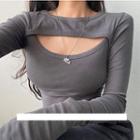 Long-sleeve Plain Cutout Mock Two-piece Top