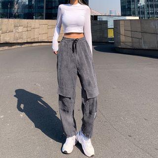 Plain High-waist Corduroy Cargo Harem Pants