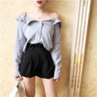 Off-shoulder Elbow-sleeve Top Light Gray - One Size
