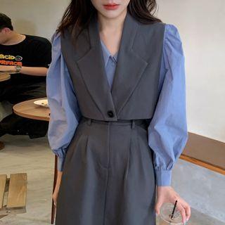 Puff-sleeve Shirt / Cropped Vest / Semi Maxi Skirt