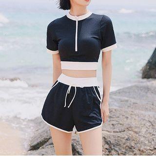 Set: Short-sleeve Contrast Trim Swim Top + Shorts
