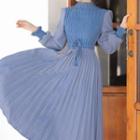 Balloon-sleeve Accordion Pleat Midi Dress