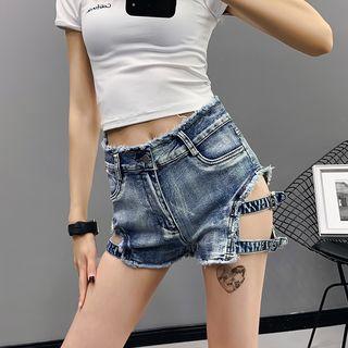 Cutout Buckled Denim Shorts