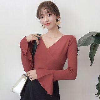 Bell-sleeve Surplice Knit Top