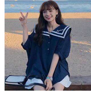 Elbow-sleeve Sailor Collar Blouse / Elastic Waist Shorts