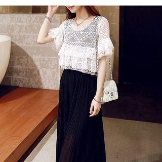 Set: Short-sleeve Frilled Trim Pleated Top + Sleeveless Maxi Dress