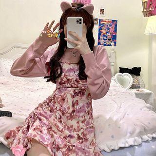 Spaghetti Strap Floral Print Mini A-line Dress / Knit Shrug / Single-breasted Blazer