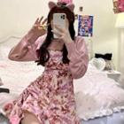Spaghetti Strap Floral Print Mini A-line Dress / Knit Shrug / Single-breasted Blazer