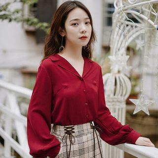 Plain V-neck Shirt Wine Red - One Size