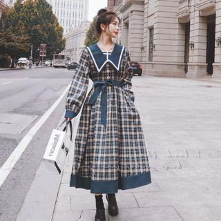 Contrast Trim Plaid Midi A-line Dress