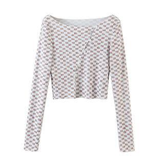 Long-sleeve Checkerboard T-shirt Brown & White - One Size