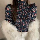 Long-sleeve Floral Print Shirred Mock-neck Crop Top