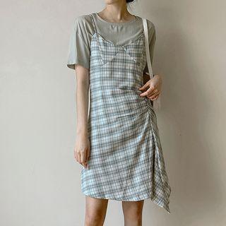 Set: Sleeveless Shirred Plaid Minidress + T-shirt