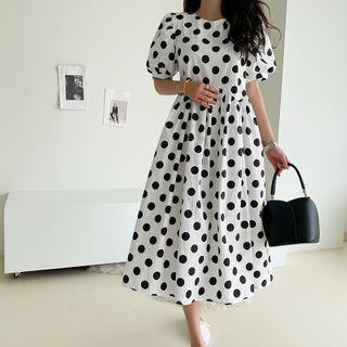 Shirred Long Polka-dot Dress Ivory - One Size