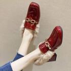 Patent Furry Trim Block-heel Loafers