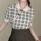 Short-sleeve Frog-button Jacquard Knit Top