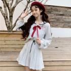 Long-sleeve Striped Shirt / Mini A-line Pleated Skirt