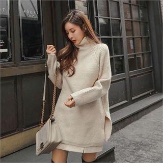 High-neck Slit-side Long Sweater