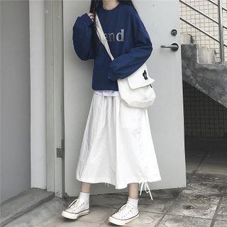 Lettering Print Sweatshirt / Drawstring Midi A-line Skirt