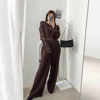 Set: Button-trim Cropped Top + Band-waist Pants