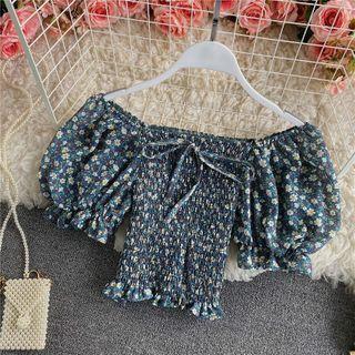Bow-detail Smocked Floral Print Blouse