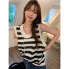 Sleeveless Perforated Striped Knit Top Black - One Size