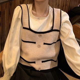 Long-sleeve Frill Trim Blouse / Sleeveless Knit Top