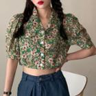 Puff-sleeve Floral Print Blouse Floral - Green - One Size