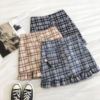 Color-block Plaid Single-breasted High-waist A-line Skirt
