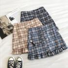 Color-block Plaid Single-breasted High-waist A-line Skirt