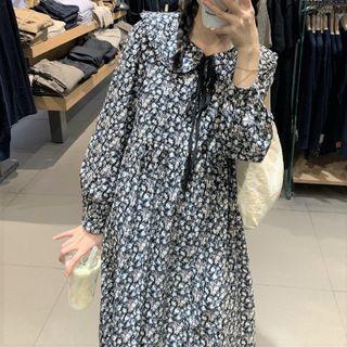 Long-sleeve Floral A-line Dress Floral - Black - One Size