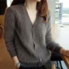 V-neck Furry Cardigan Dark Gray - One Size