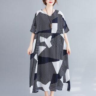 Elbow-sleeve Irregular Printed A-line Midi Dress As Shown In Figure - One Size