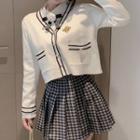 Contrast Trim Cardigan / Pleated Mini A-line Skirt / Ribbon Tie-neck Shirt
