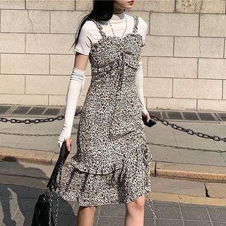 Short-sleeve Mock-neck Top / Arm Sleeves / Spaghetti Strap Leopard Print Mini Dress / Set
