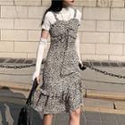 Short-sleeve Mock-neck Top / Arm Sleeves / Spaghetti Strap Leopard Print Mini Dress / Set