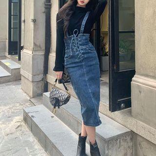 Lace-up Denim Midi Sheath Overall Dress