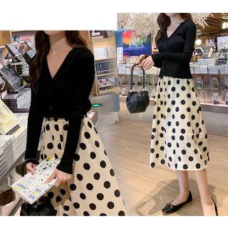 Plain V-neck Long-sleeve Knit Top / Dotted Midi A-line Skirt / Set