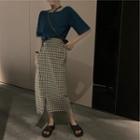 Set: Elbow-sleeve T-shirt + Plaid Midi Fitted Skirt
