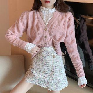Scallop Edge Cardigan / Mock-turtleneck Long-sleeve Lace Top / Tweed Mini Pencil Skirt