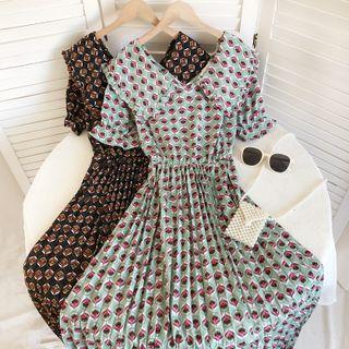 Short-sleeve Wide-collar Print Midi A-line Dress