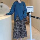 Plain Loose Fit Slit Sweatshirt / Leopard Skirt