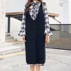Set: Long-sleeve Plaid Midi Dress + Sleeveless Midi Knit Dress