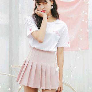 Short-sleeve Embroidered T-shirt / Mini A-line Pleated Skirt / Set