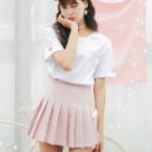 Short-sleeve Embroidered T-shirt / Mini A-line Pleated Skirt / Set