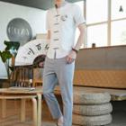 Short-sleeve Sea Print Frog Buttoned Shirt