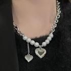 Heart Pendant Faux Pearl Alloy Necklace 2491a - Necklace - Heart - Pearl - White - One Size