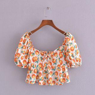 Puff-sleeve Orange Print Blouse